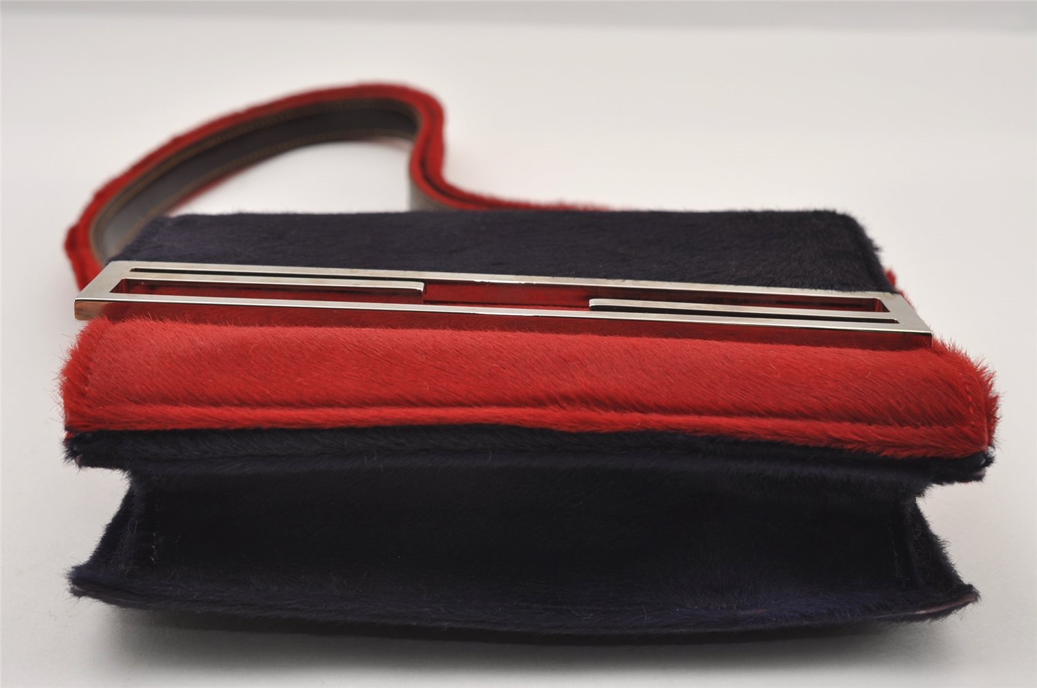 Authentic FENDI Shoulder Cross Body Bag Purse Unborn Calf Leather Red Navy 6268I