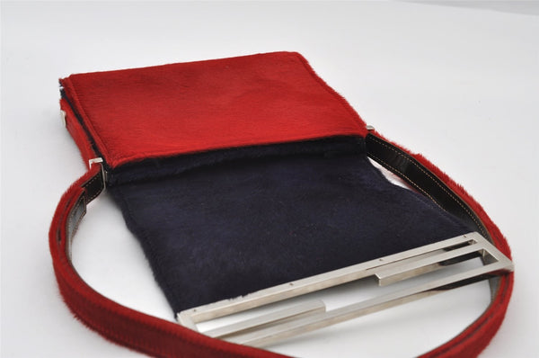 Authentic FENDI Shoulder Cross Body Bag Purse Unborn Calf Leather Red Navy 6268I