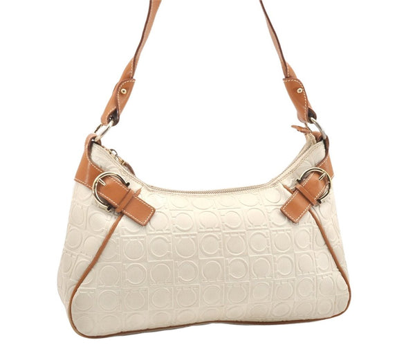 Auth Salvatore Ferragamo Gancini Design PVC Leather Shoulder Bag White 6268K