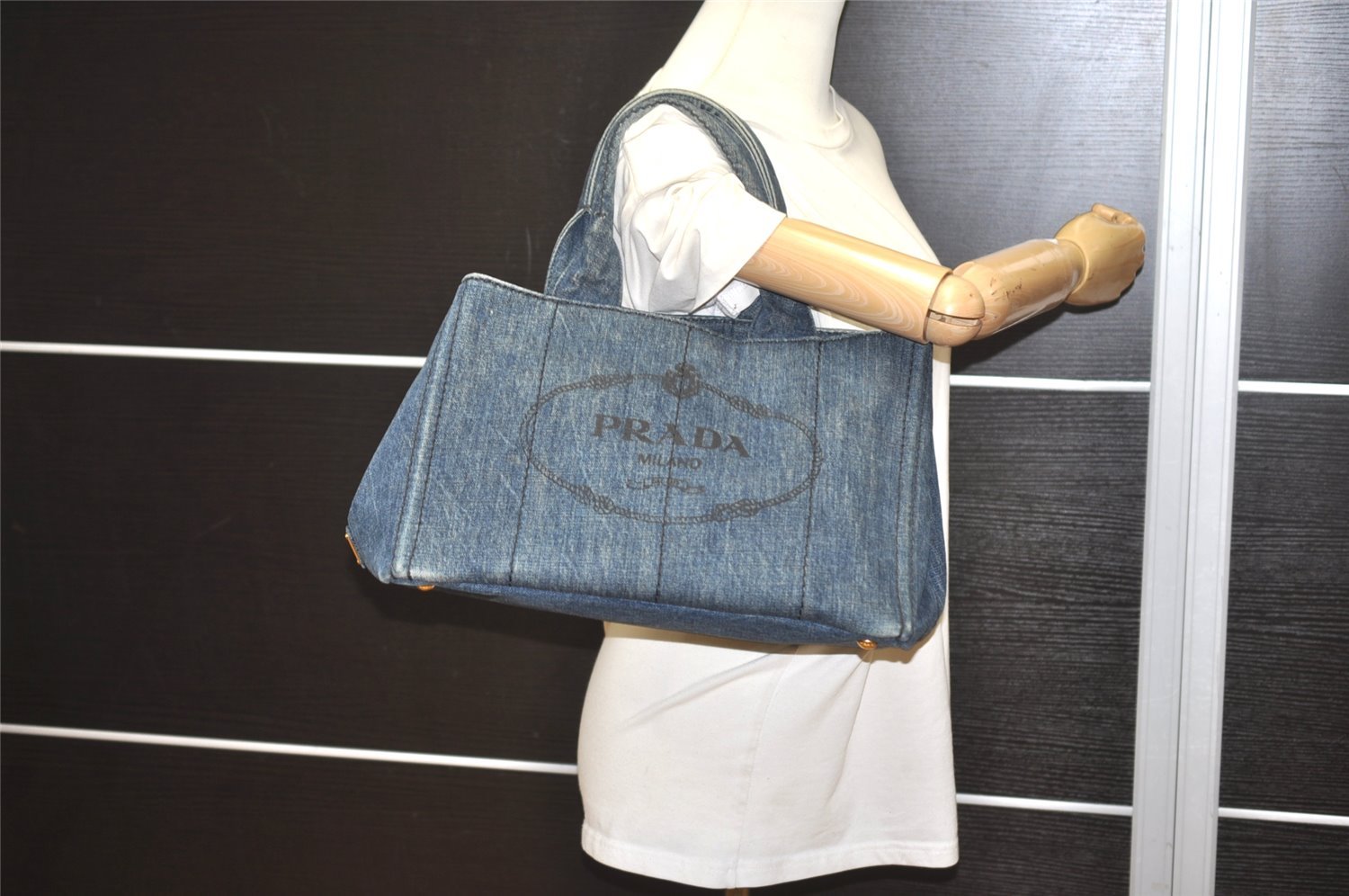 Authentic PRADA Vintage Canapa M Denim Tote Hand Bag Blue 6273I