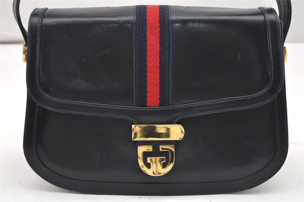 Authentic GUCCI Sherry Line Shoulder Cross Body Bag Leather Navy Blue 6276K