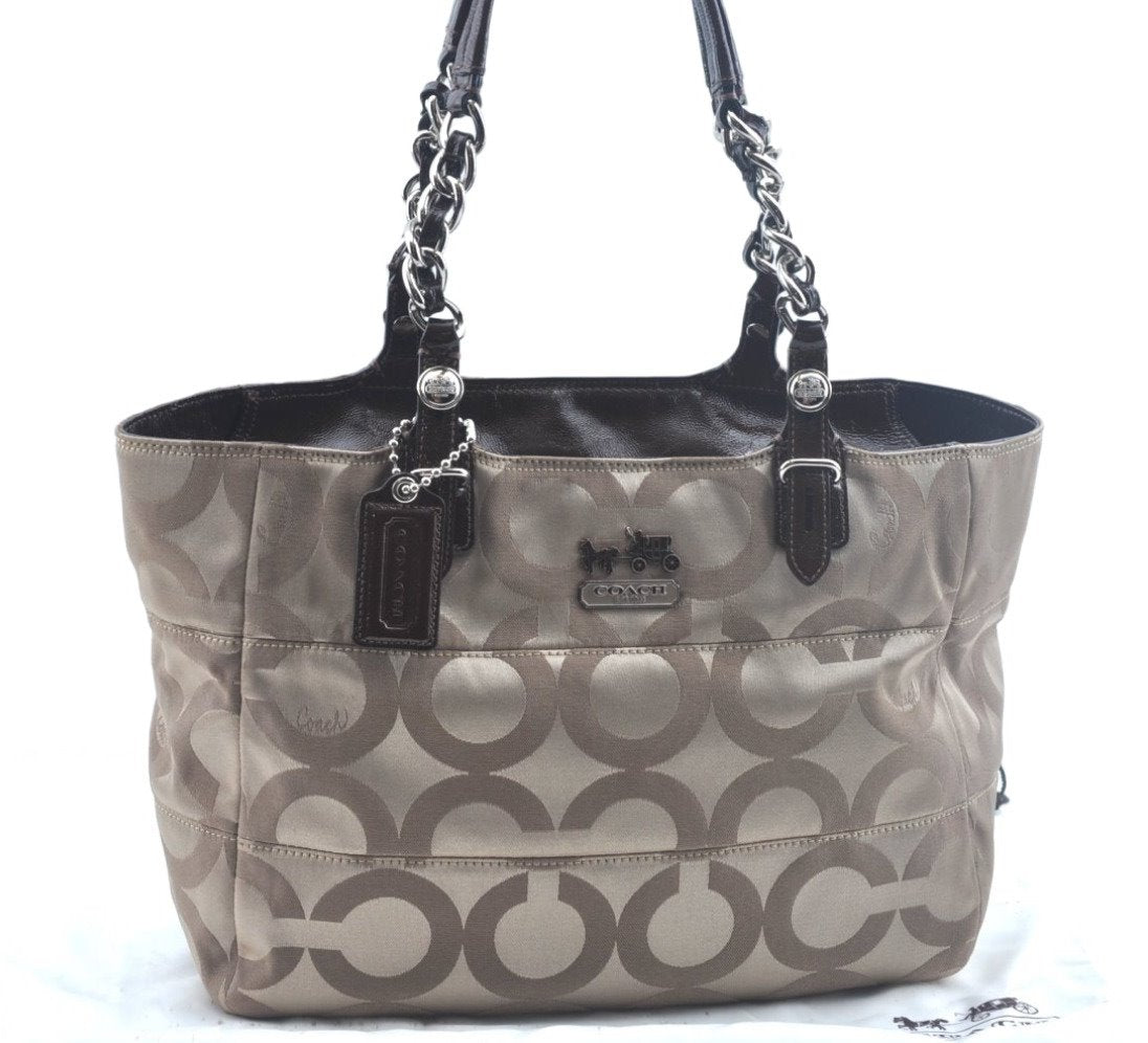 Authentic COACH Op Art Shoulder Tote Bag Canvas Enamel 14133 Beige 6291H