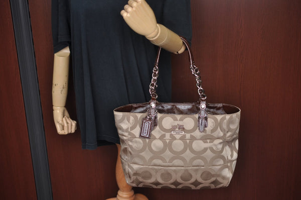 Authentic COACH Op Art Shoulder Tote Bag Canvas Enamel 14133 Beige 6291H