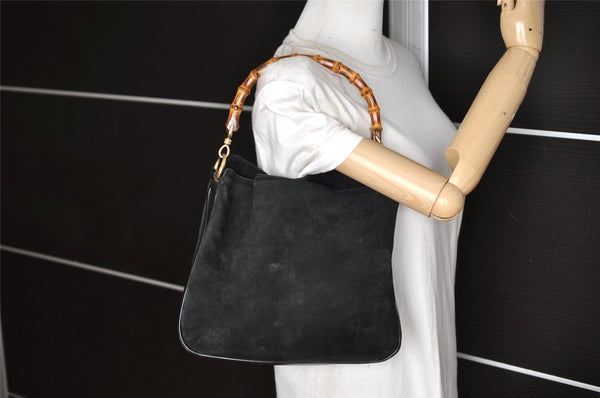 Authentic GUCCI Bamboo Shoulder Hand Bag Purse Suede Leather 0018638 Black 6296K