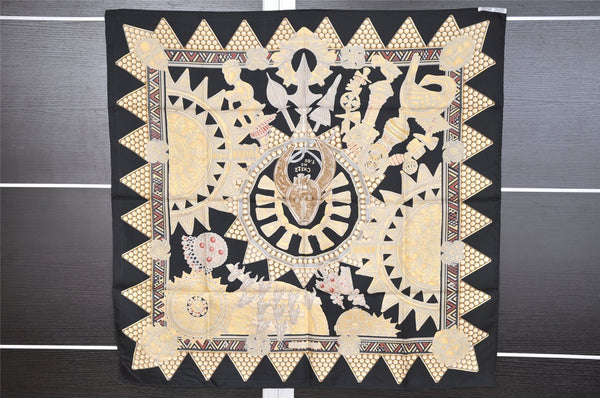 Authentic HERMES Carre 90 Scarf "L'OR DES CHEFS" Silk Black Box 6305I