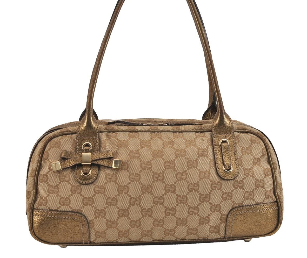 Authentic GUCCI Princy Ribbon Shoulder Hand Bag GG Canvas Leather Beige 6309J