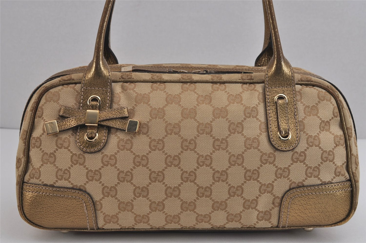 Authentic GUCCI Princy Ribbon Shoulder Hand Bag GG Canvas Leather Beige 6309J