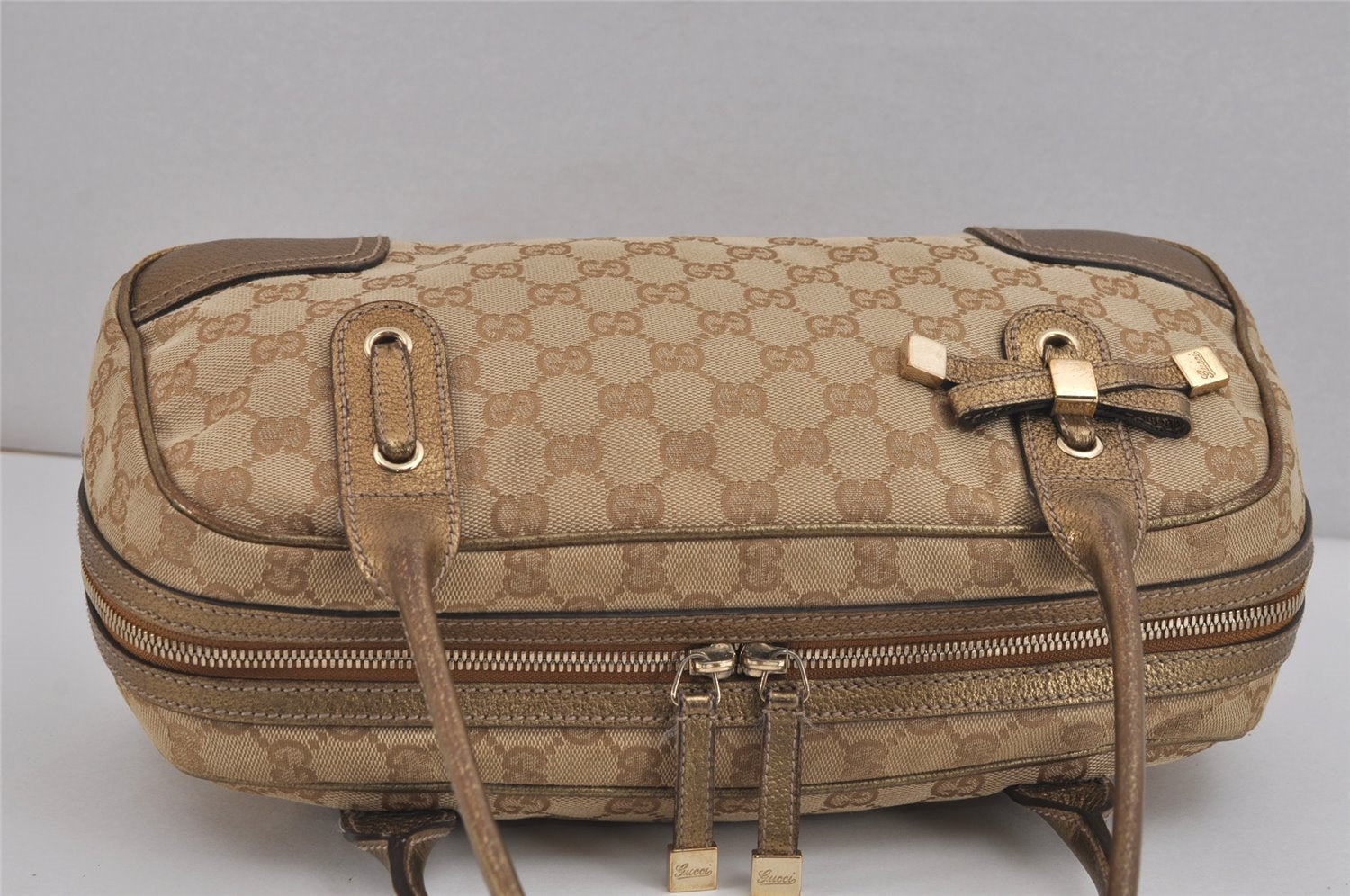 Authentic GUCCI Princy Ribbon Shoulder Hand Bag GG Canvas Leather Beige 6309J