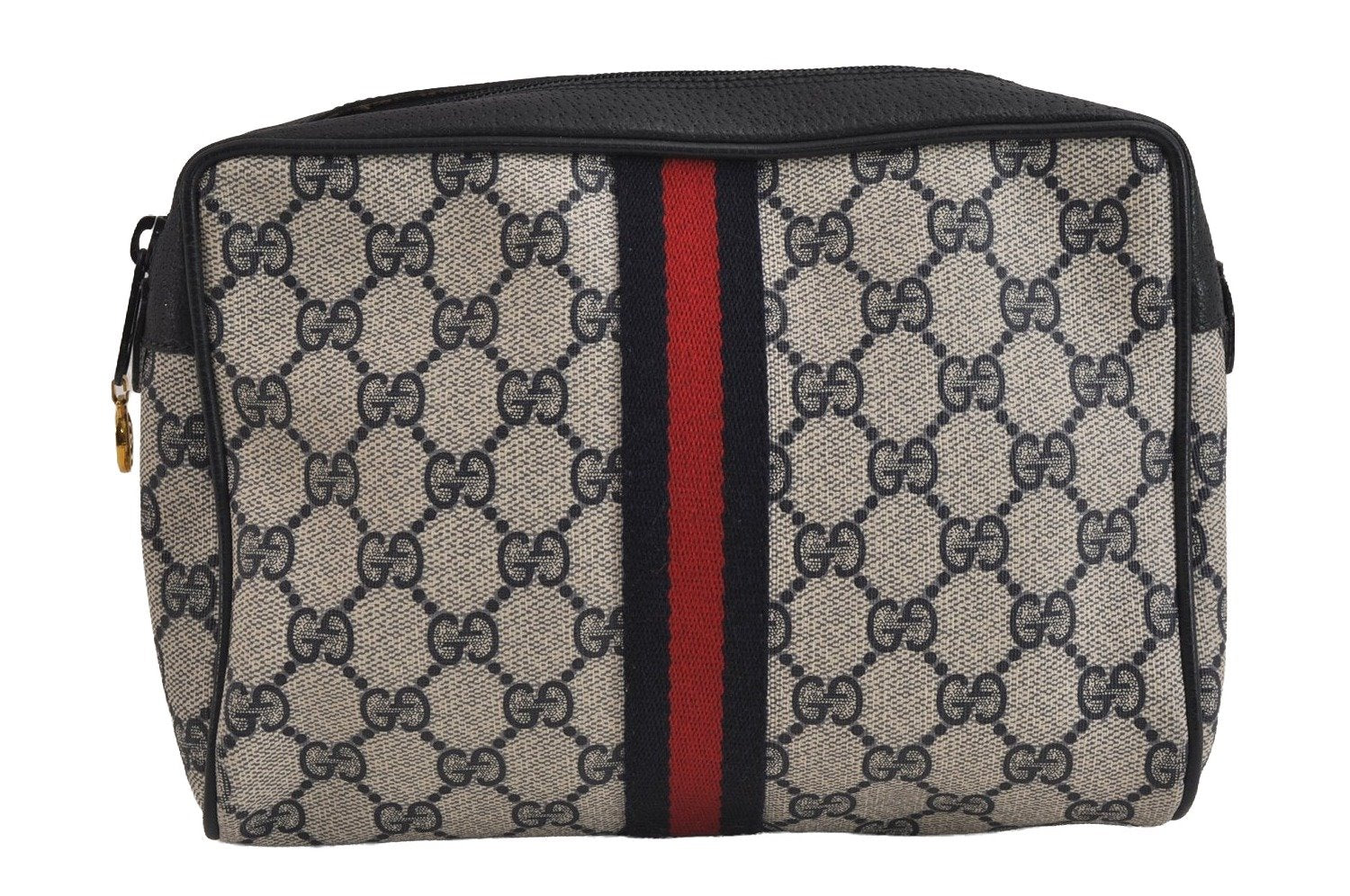 Authentic GUCCI Sherry Line Clutch Hand Bag Purse GG PVC Leather Navy Blue 6311J