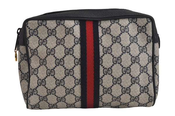 Authentic GUCCI Sherry Line Clutch Hand Bag Purse GG PVC Leather Navy Blue 6311J