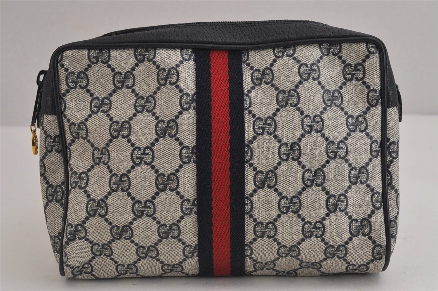 Authentic GUCCI Sherry Line Clutch Hand Bag Purse GG PVC Leather Navy Blue 6311J