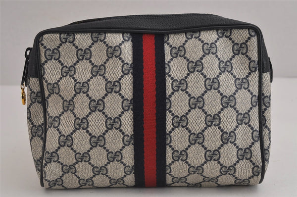 Authentic GUCCI Sherry Line Clutch Hand Bag Purse GG PVC Leather Navy Blue 6311J