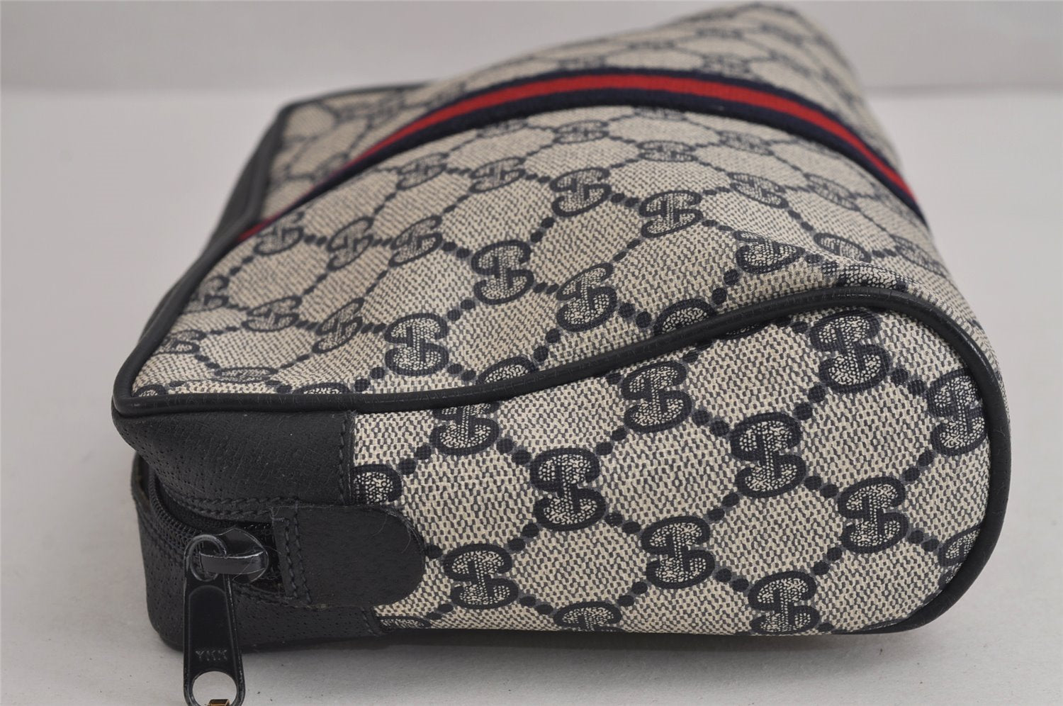 Authentic GUCCI Sherry Line Clutch Hand Bag Purse GG PVC Leather Navy Blue 6311J
