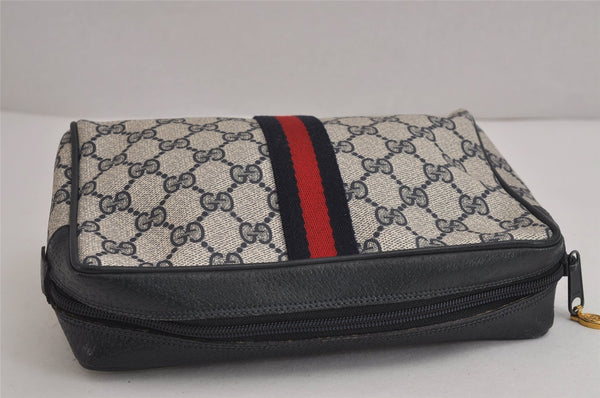 Authentic GUCCI Sherry Line Clutch Hand Bag Purse GG PVC Leather Navy Blue 6311J