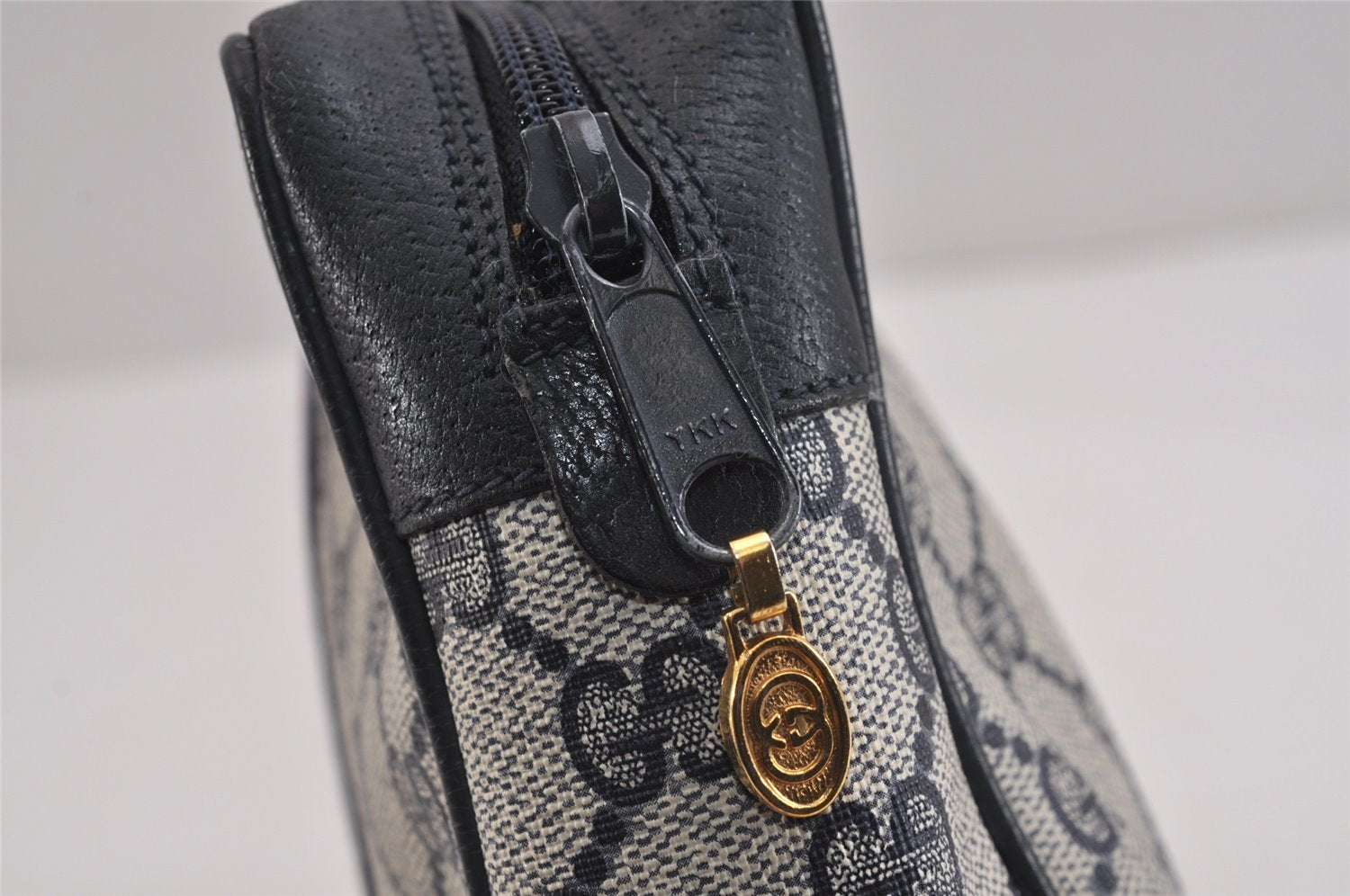 Authentic GUCCI Sherry Line Clutch Hand Bag Purse GG PVC Leather Navy Blue 6311J