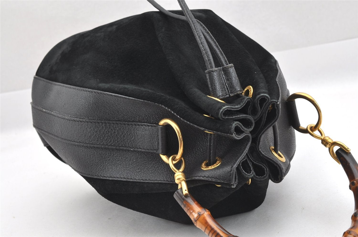Authentic GUCCI Bamboo Drawstring Hand Bag Purse Suede Leather Black 6312J