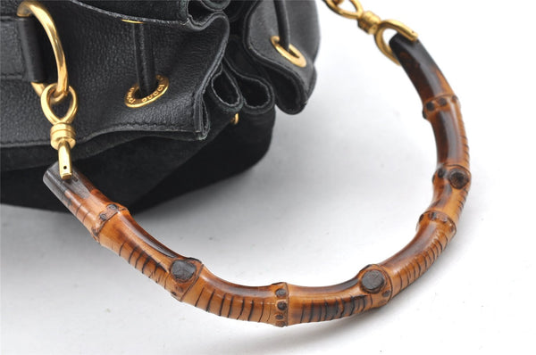 Authentic GUCCI Bamboo Drawstring Hand Bag Purse Suede Leather Black 6312J