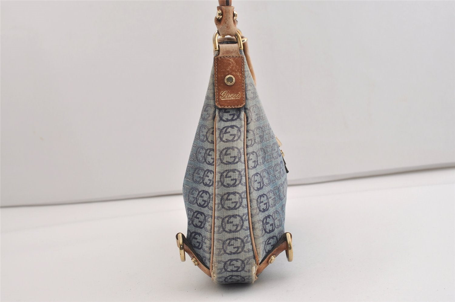 Authentic GUCCI Abbey Shoulder Bag Interlocking G Denim 130738 Blue 6314J