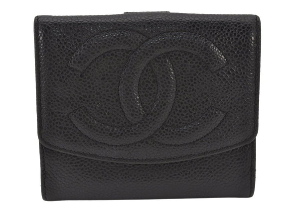 Authentic CHANEL Vintage Caviar Skin CC Logo Bifold Wallet Purse Black 6319K