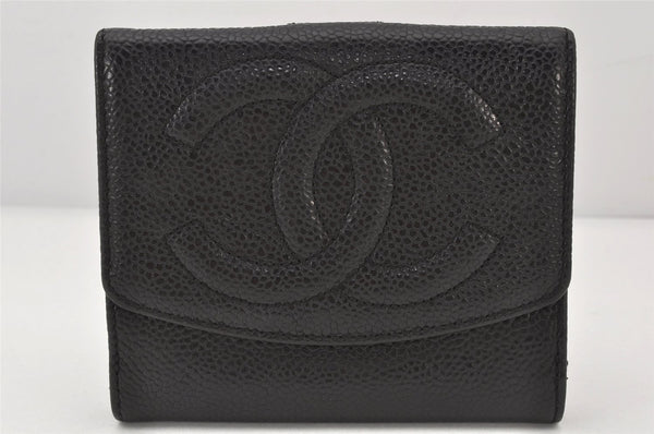 Authentic CHANEL Vintage Caviar Skin CC Logo Bifold Wallet Purse Black 6319K