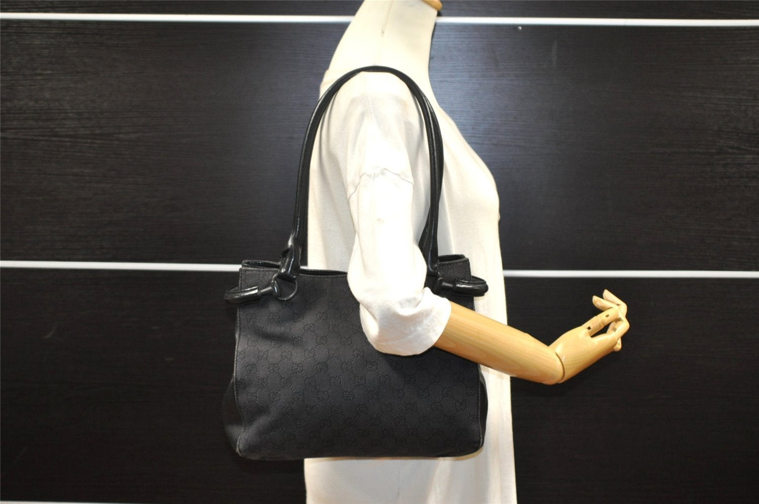 Authentic GUCCI Horsebit Shoulder Tote Bag GG Canvas Leather 101971 Black 6321I