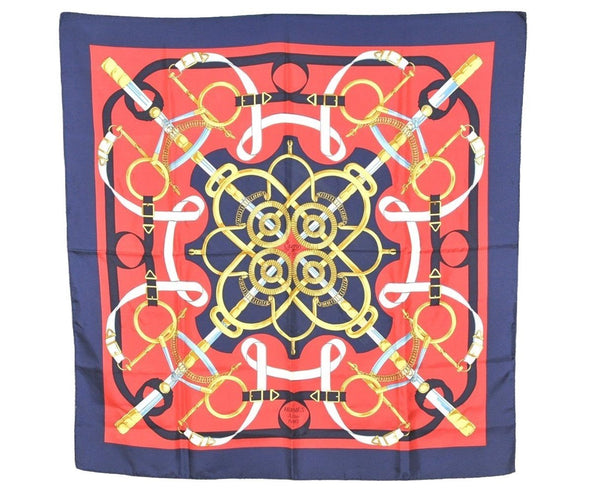 Authentic HERMES Carre 90 Scarf "Eperon d'or" Silk Navy 6321J