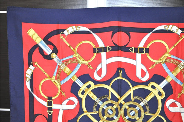 Authentic HERMES Carre 90 Scarf "Eperon d'or" Silk Navy 6321J