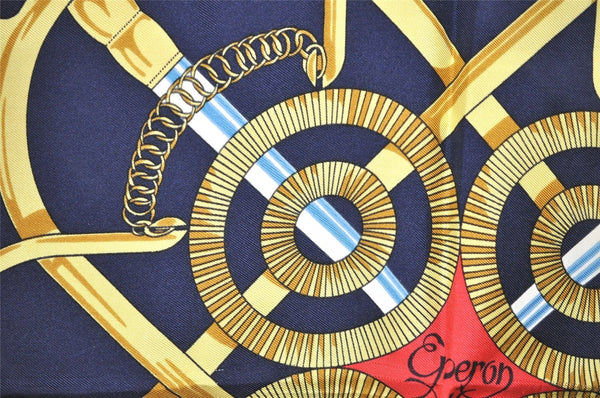 Authentic HERMES Carre 90 Scarf "Eperon d'or" Silk Navy 6321J