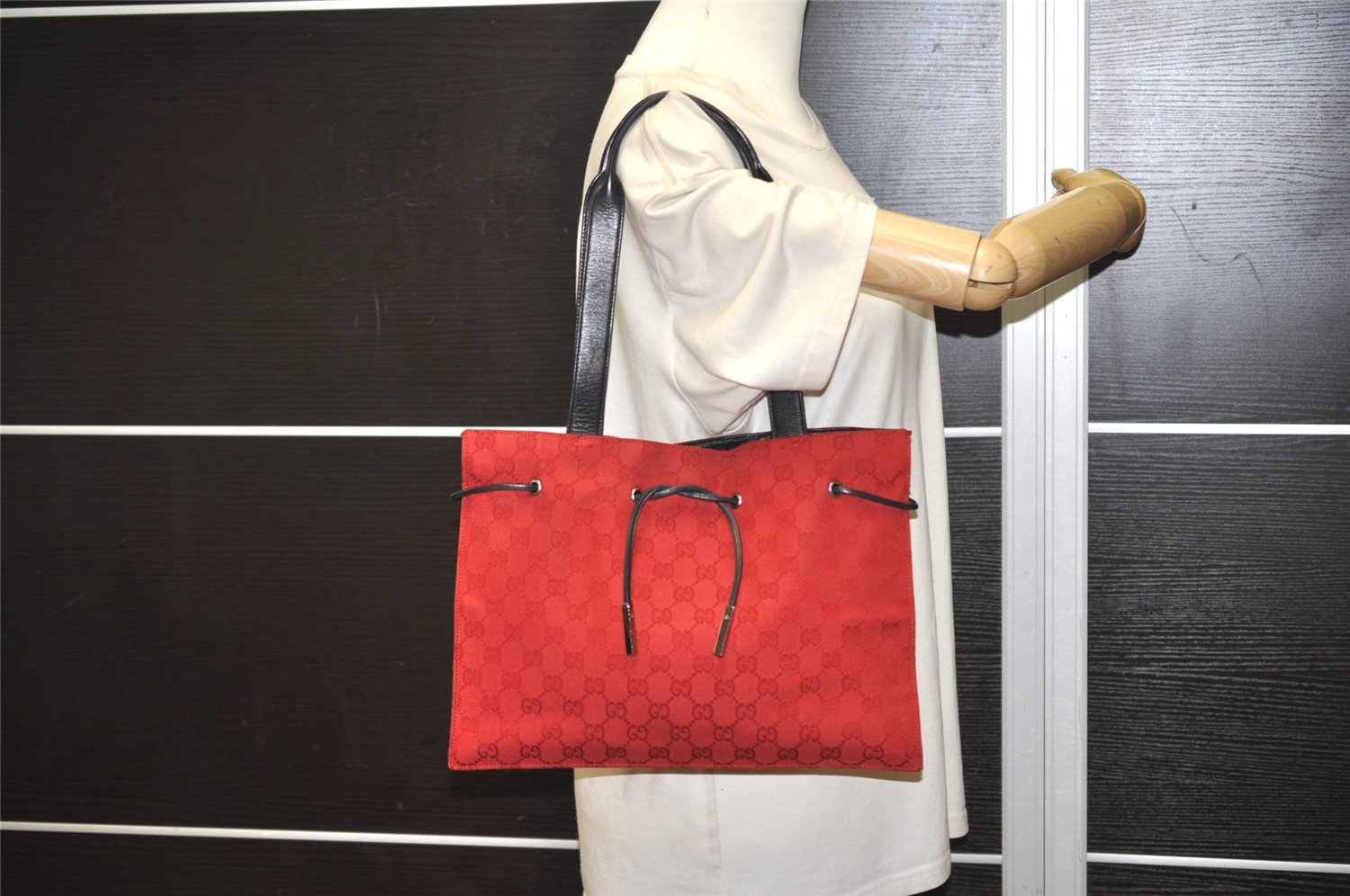 Authentic GUCCI Vintage Shoulder Tote Bag GG Canvas Leather 0021053 Red 6323J