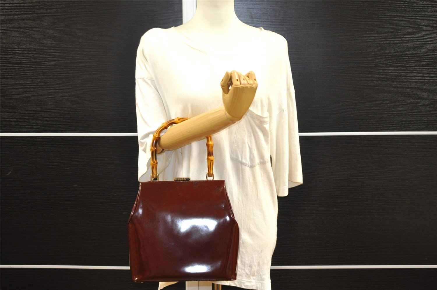 Authentic GUCCI Bamboo Hand Shoulder Bag Purse Enamel Bordeaux Red Junk 6324I