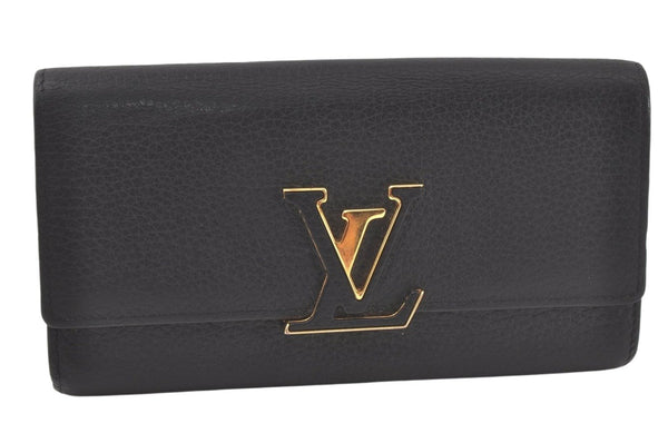 Auth Louis Vuitton Taurillon Portefeuille Capucines Wallet Black M61248 LV 6330K