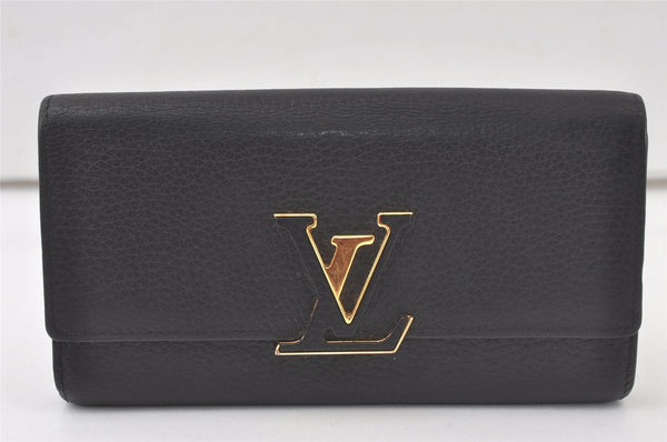 Auth Louis Vuitton Taurillon Portefeuille Capucines Wallet Black M61248 LV 6330K