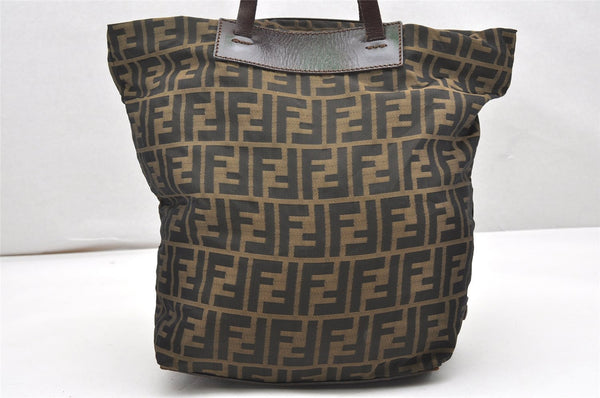 Authentic FENDI Vintage Zucca Folding Tote Hand Bag Nylon Leather Brown 6334K