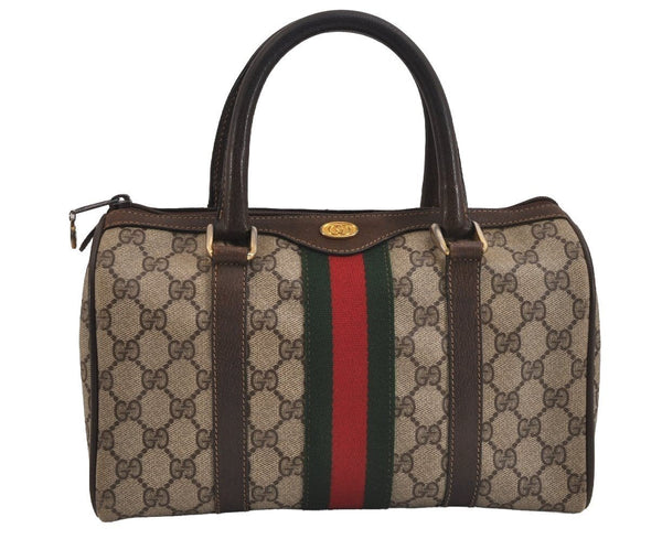 Authentic GUCCI Web Sherry Line Hand Boston Bag GG PVC Leather Brown 6342J