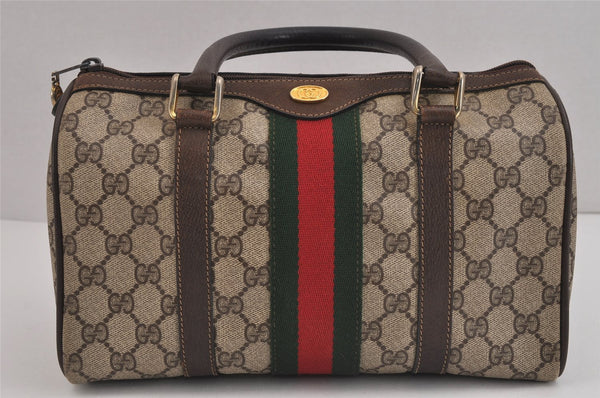 Authentic GUCCI Web Sherry Line Hand Boston Bag GG PVC Leather Brown 6342J