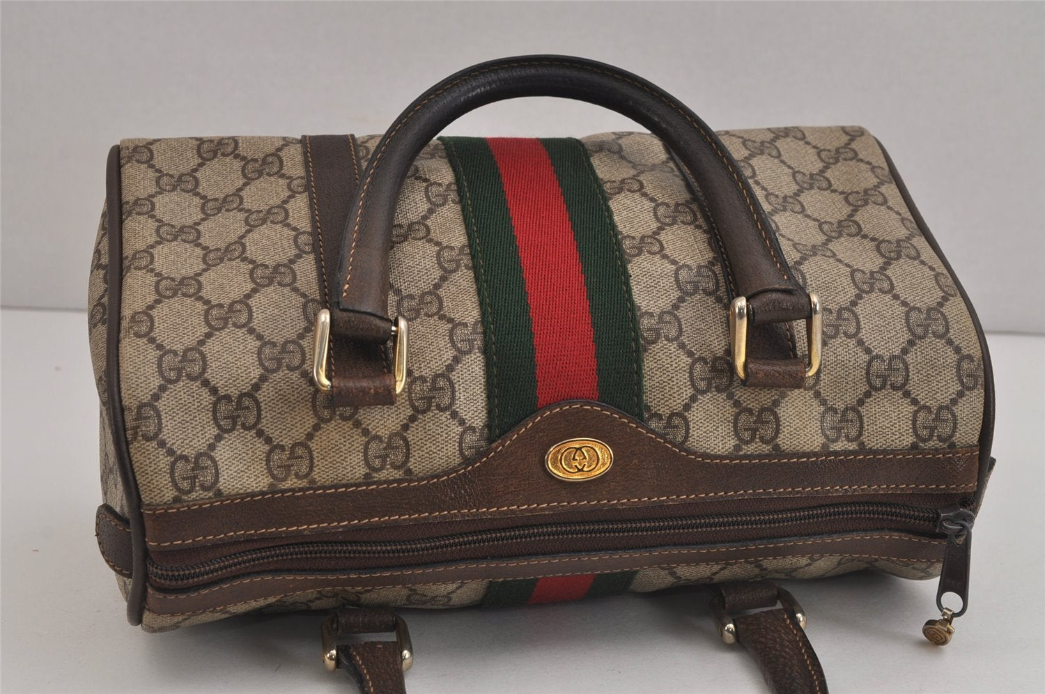 Authentic GUCCI Web Sherry Line Hand Boston Bag GG PVC Leather Brown 6342J