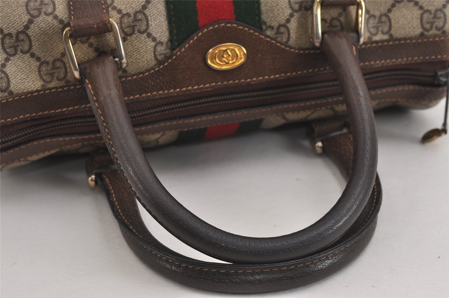 Authentic GUCCI Web Sherry Line Hand Boston Bag GG PVC Leather Brown 6342J