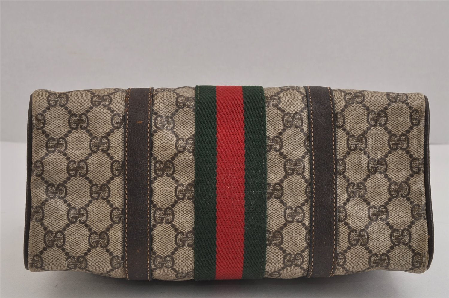 Authentic GUCCI Web Sherry Line Hand Boston Bag GG PVC Leather Brown 6342J