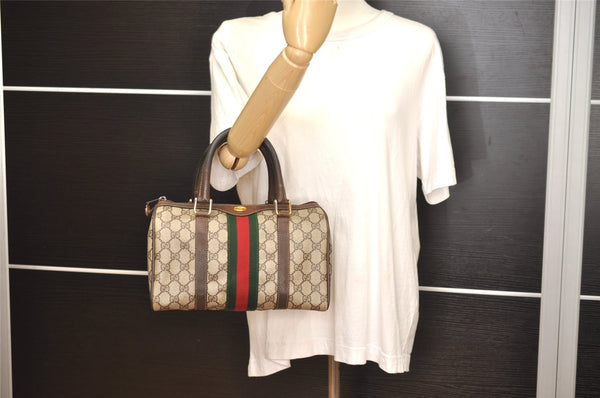 Authentic GUCCI Web Sherry Line Hand Boston Bag GG PVC Leather Brown 6342J