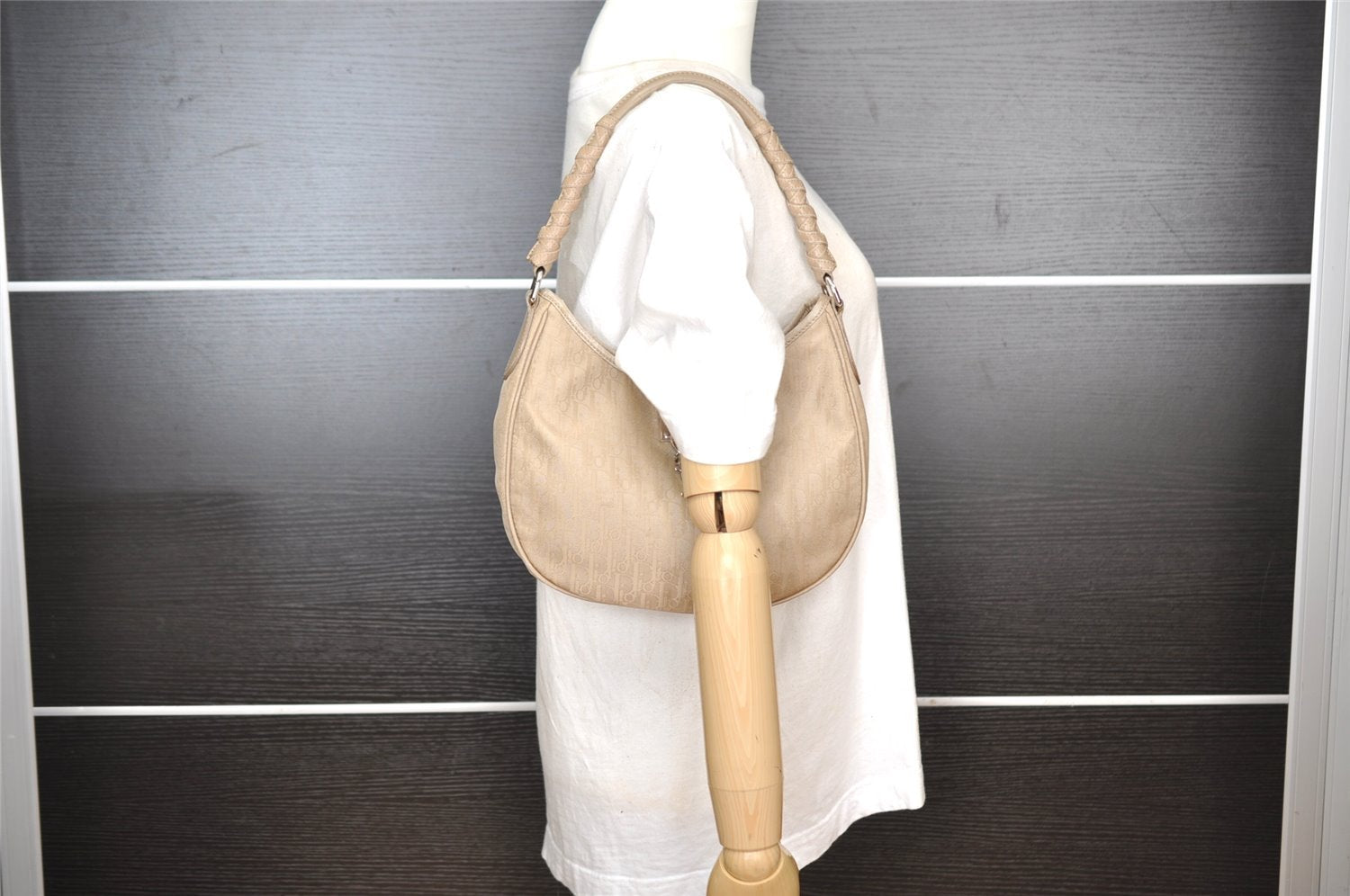 Authentic Christian Dior Trotter Shoulder Hand Bag Nylon Leather Beige CD 6343I