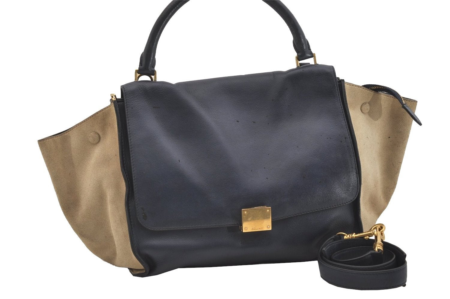 Authentic CELINE Trapeze Medium 2Way Hand Bag Leather Suede Navy Junk 6345J