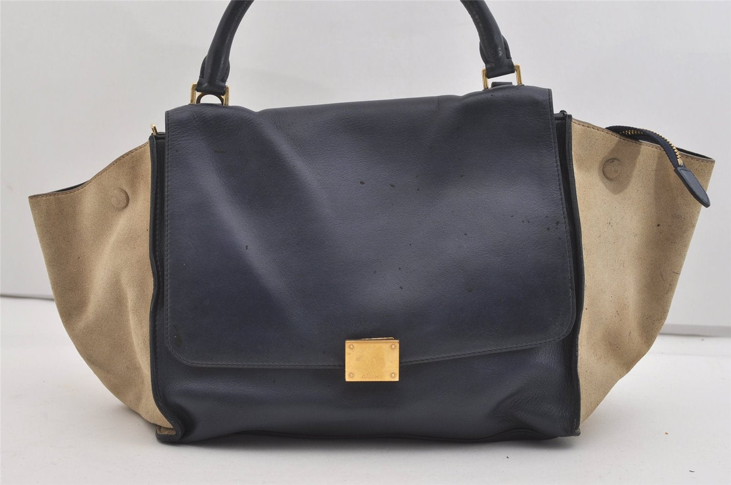 Authentic CELINE Trapeze Medium 2Way Hand Bag Leather Suede Navy Junk 6345J