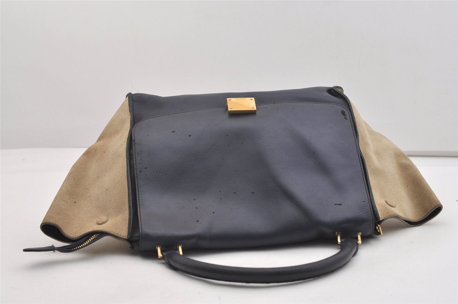 Authentic CELINE Trapeze Medium 2Way Hand Bag Leather Suede Navy Junk 6345J