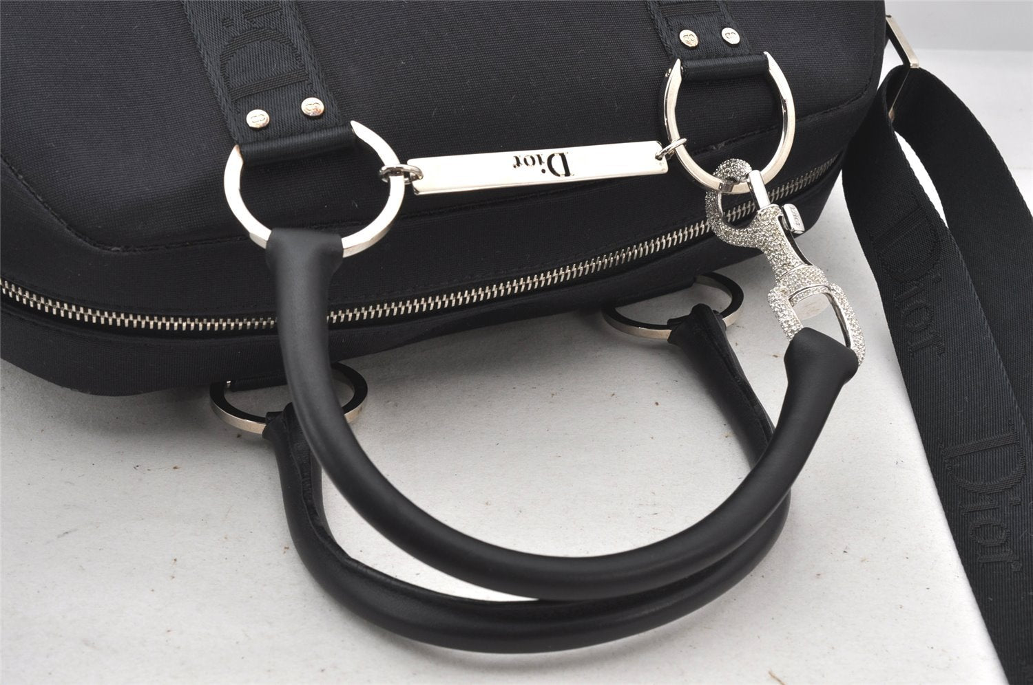 Authentic Christian Dior 2Way Shoulder Hand Bag Canvas Leather Black CD 6345K
