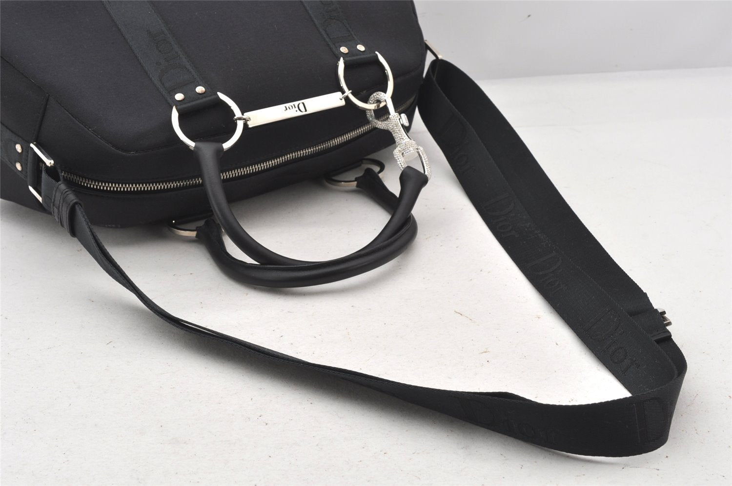 Authentic Christian Dior 2Way Shoulder Hand Bag Canvas Leather Black CD 6345K