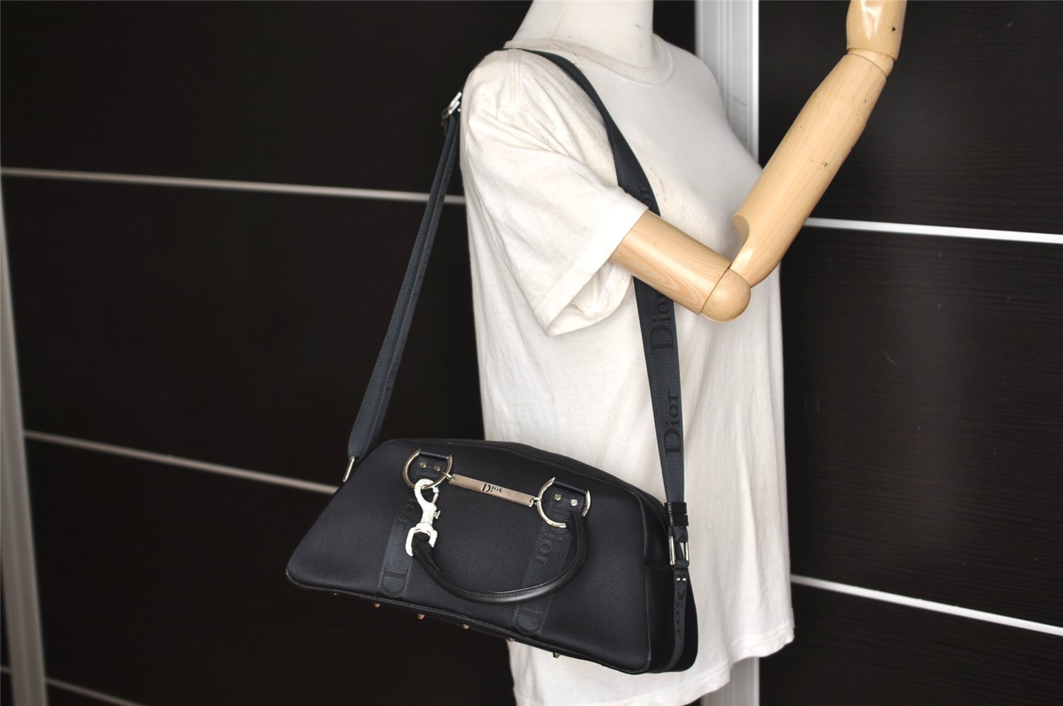 Authentic Christian Dior 2Way Shoulder Hand Bag Canvas Leather Black CD 6345K