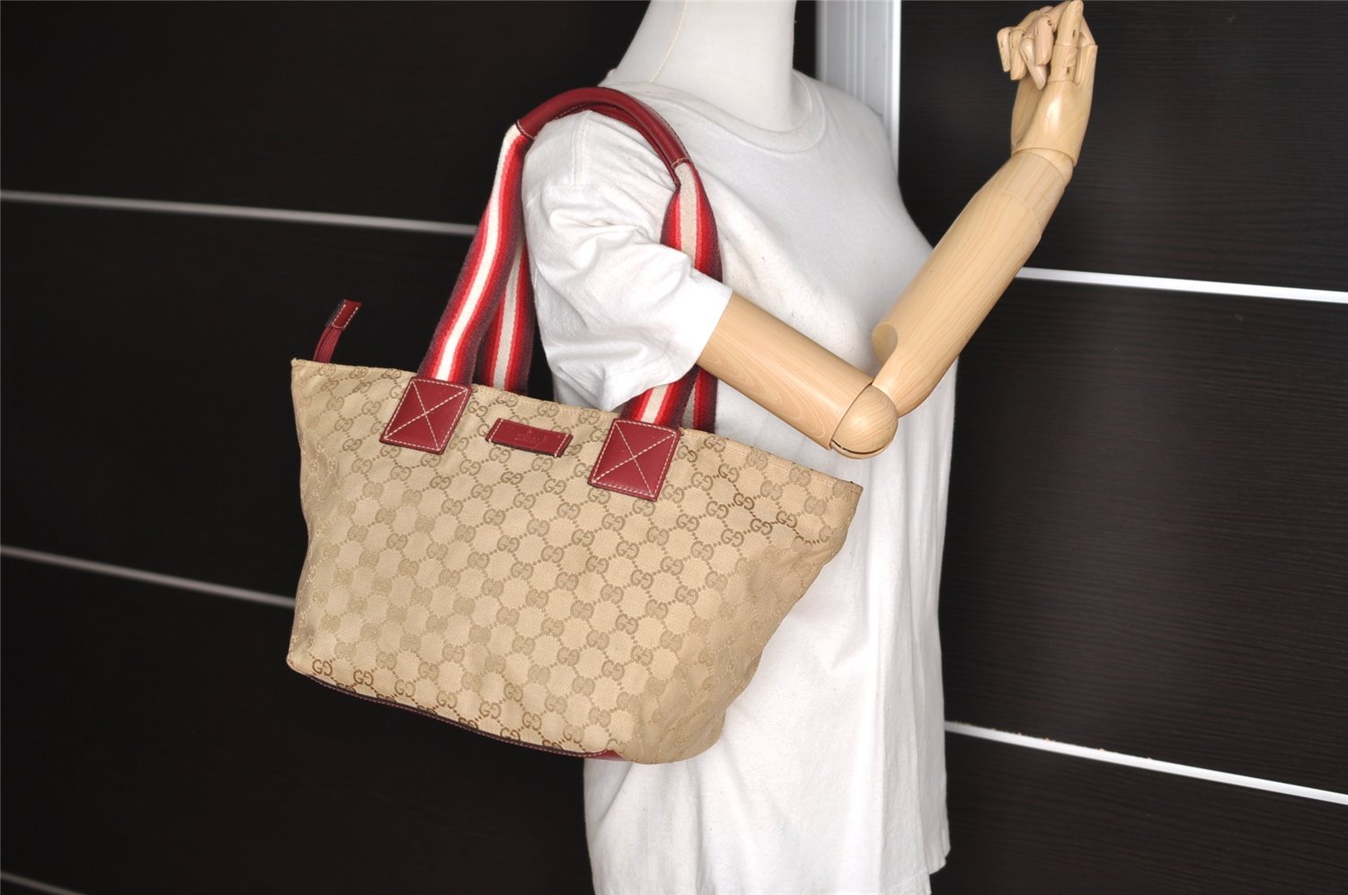 Authentic GUCCI Shoulder Hand Tote Bag GG Canvas Leather 131230 Beige 6347I