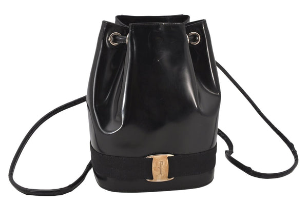 Authentic Salvatore Ferragamo Vara Drawstring Backpack Enamel Black SF 6349K