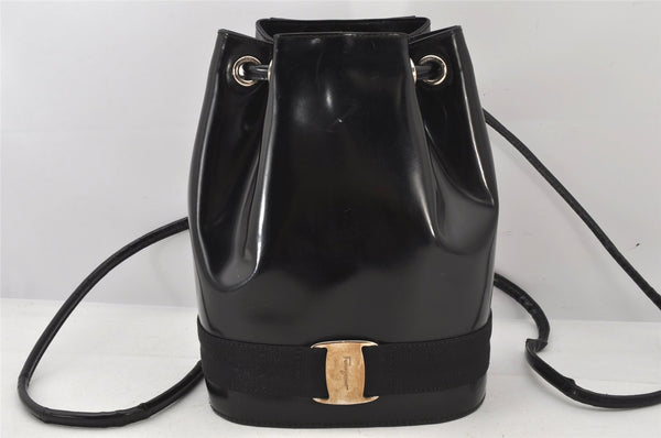 Authentic Salvatore Ferragamo Vara Drawstring Backpack Enamel Black SF 6349K