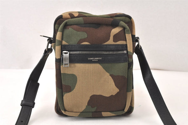 SAINT LAURENT Camouflage Pattern Shoulder Cross Bag Canvas Leather Khaki 6350K